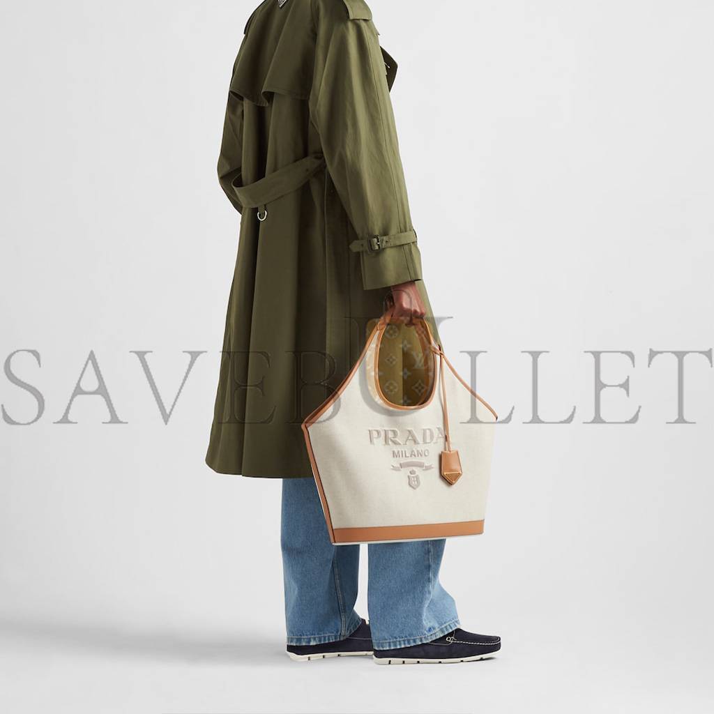Pra*a large linen blend and leather tote bag 1bg472 (37*30*13cm)